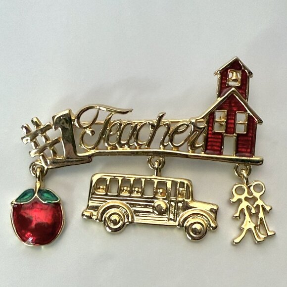 Danecraft Teacher Brooch Pin Vintage Gold Tone Enamel - Picture 1 of 7